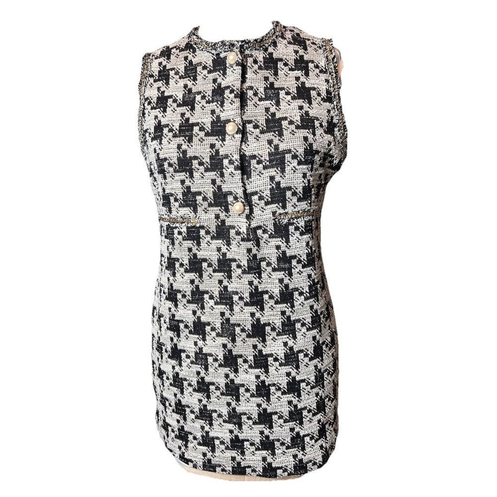 ZARA WOMAN METALLIC THREAD DRESS WITH CHAIN TRIMS BLACK/WHITE Size‎ Medium